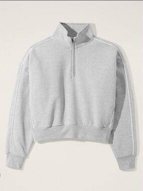Athleta Heather Grey/White Strip Quarter Zip Cropped Fleece Sweatshirt